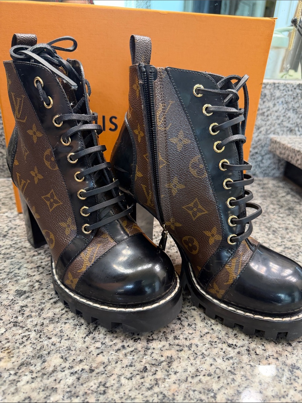 Louis Vuitton Black and Brown Monogram Lace-Up Platform Boot